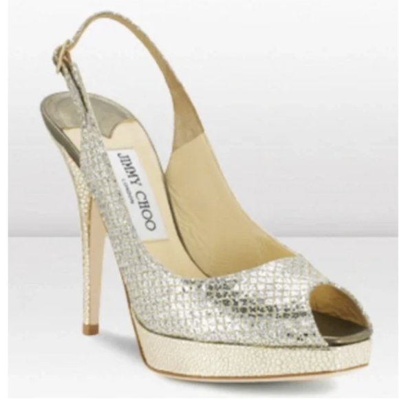 Jimmy Choo Clue Slingback Pumps Sz 39 Glitter Fabric Stiletto Heels Peep Toe - Picture 2 of 9